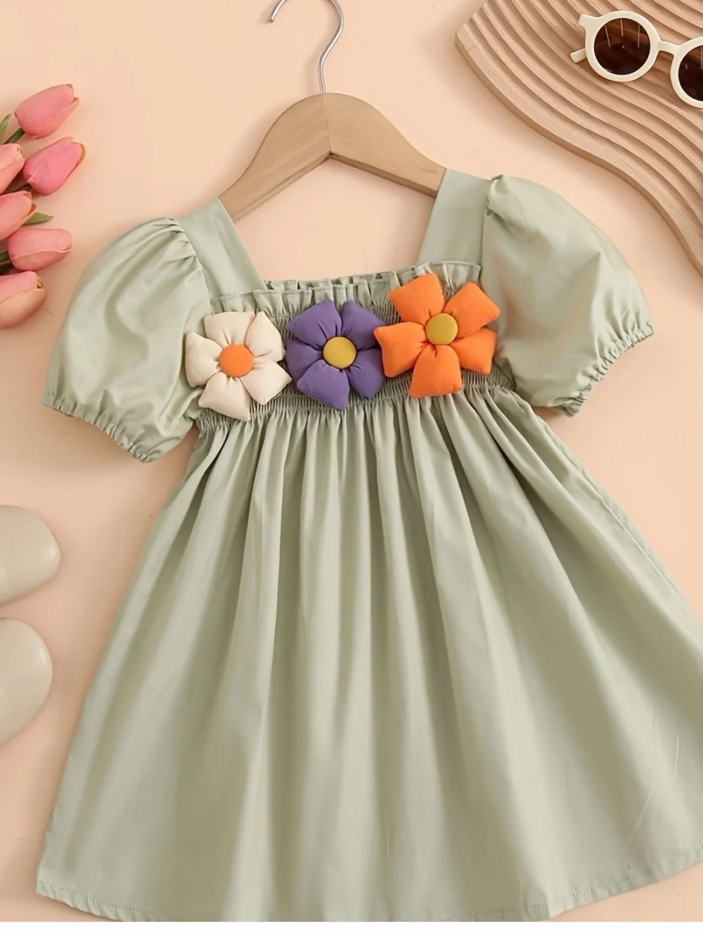 Kids Puff Sleeve Green Dress with Flower Appliqués